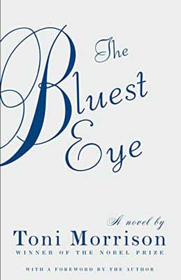 The Bluest Eye by Toni Morrison book cover with blue title on white background