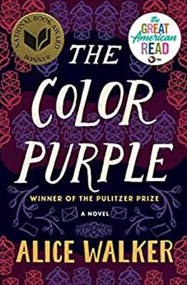 The Color Purple by Alice Walker book cover with purple and pink geometric patterns and icons like envelopes and branches with leaves