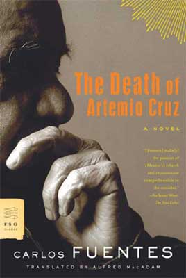 The Death of Artemio Cruz by Carlos Fuentes book cover with person with hands on lip and chin as if thinking