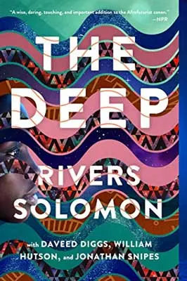 The Deep by Rivers Solomon book cover with Black person's fave with waves of pink and blue in geometrical design