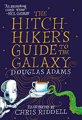 The Hitchhiker's Guide to the Galaxy by Douglas Adams book cover with green creature taking cup of tea or coffee from alien creature