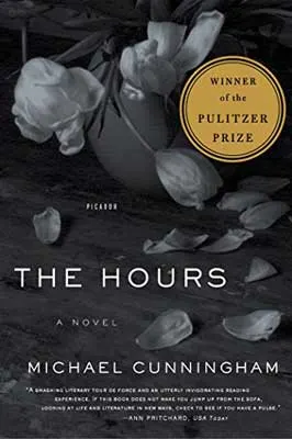 The Hours by Michael Cunningham book cover with black and white image of falling petals