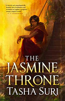 The Jasmine Throne by Tasha Suri book cover with person sitting in archway with yellow glow behind them