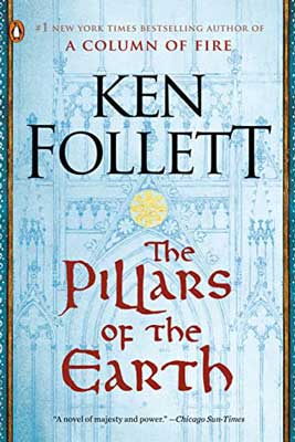 The Pillars of the Earth by Ken Follett book cover with light blue background and old church like architecture facade