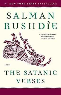 The Satanic Verses by Salman Rushdie book cover with red and white patterned person falling to the ground