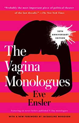The Vagina Monologues by Eve Ensler book cover with black hair/wig with bangs on pink and red striped background