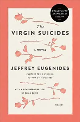 The Virgin Suicides by Jeffrey Eugenides book cover with light orange border and flowers