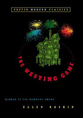 The Westing Game by Ellen Raskin book cover with black background and green house like structure