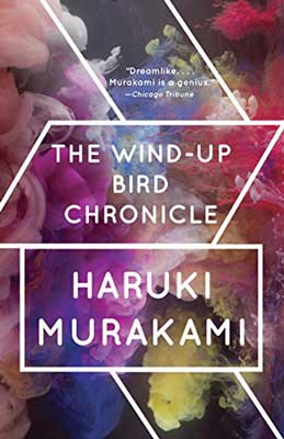The Wind-Up Bird Chronicle by Haruki Murakami book cover with swirls of purple, pink, blue, and yellow foggy smoke
