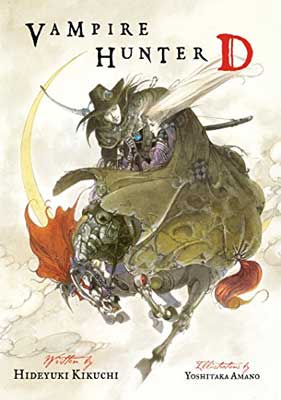 Vampire Hunter D by Hideyuki Kikuchi book cover with illustrations of person in green cape and hat