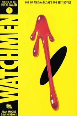 Watchmen by Alan Moore book cover with red blood drips through black hole on yellow background