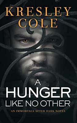 A Hunger Like No Other by Kresley Cole book cover with person's face looking through what looks like an iron gate design