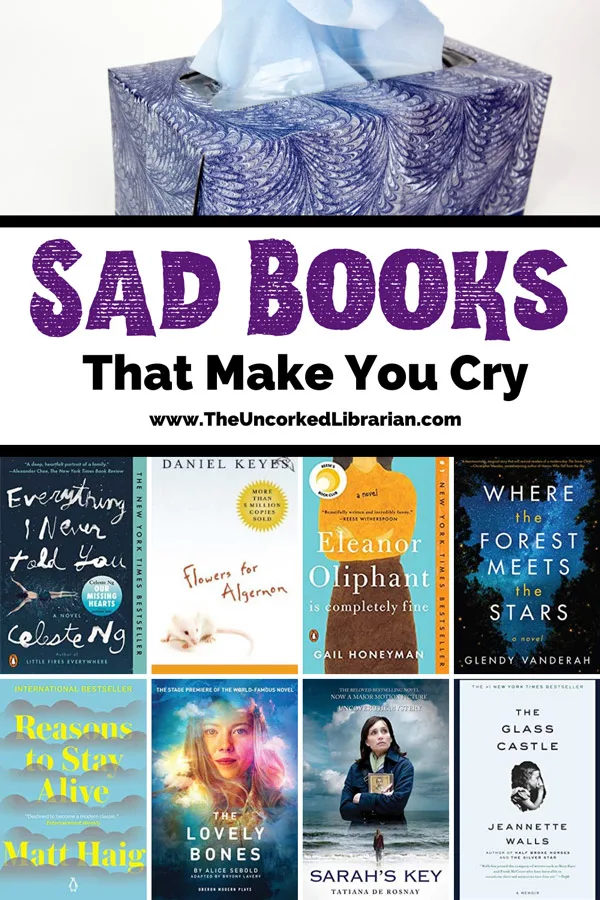 Books That Will Make You Cry and Heartbreaking Books Pinterest pin with purple box of tissues and book covers for sad books like Everything I Never Told You, Flowers for Algernon, Eleanor Oliphant, Where the Forest Meets the Stars, Reasons to Stay Alive, The Lovely Bones, Sarah's Key, and the Glass Castle