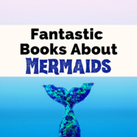 Mermaid Books with blue, green, and purple mermaid tail on ombre purple to blue background