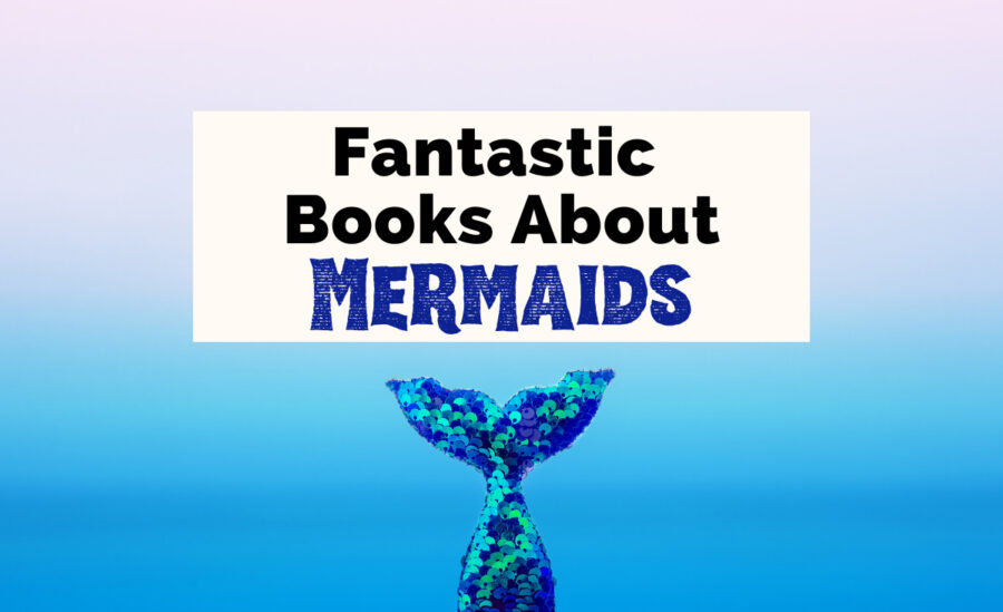 Mermaid Books with blue, green, and purple mermaid tail on ombre purple to blue background