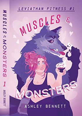 Muscles & Monsters by Ashley Bennett book cover with woman with red hair and purplish wolf behind her