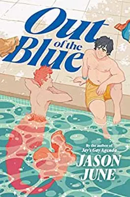 Out of the Blue by Jason June book cover with merperson with red tail and hair talking to person in yellow shorts on edge of concrete near water