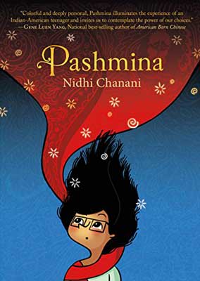 Pashmina by Nidhi Chanani book cover with young woman with black hair in the air and red pashmina scarf floating above on blue background