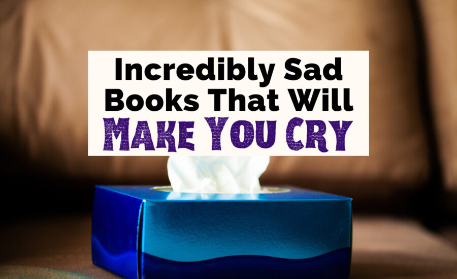 Sad Books That Make You Cry with image of blue and purple tissue box with white tissue coming out