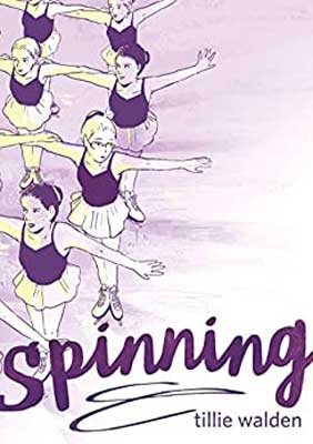 Spinning by Tillie Walden book cover with four women on ice in skates, leotard tops and skirts skating with purple coloring