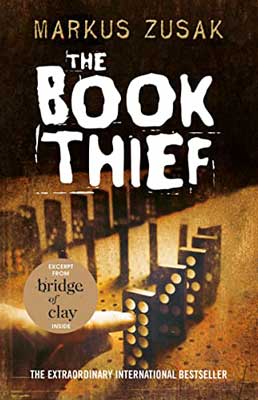 The Book Thief By Markus Zusak book cover with dominos on yellow, tan, and brown background