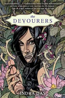 The Devourers by Indra Das book cover with illustrated person with long dark hair standing between green leaves