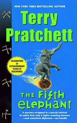 The Fifth Elephant by Terry Pratchett book cover with elephant riding an astroid on bright blue background