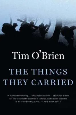 The Things They Carried by Tim O'Brien book cover with black and blue image of soldiers in war