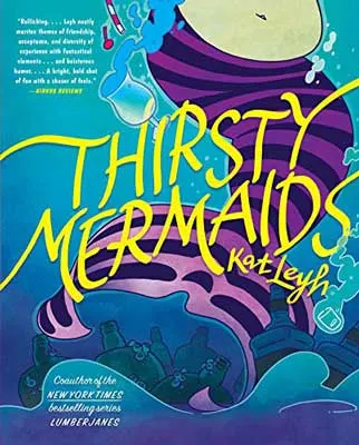 Thirsty Mermaids by Kat Leyh book cover with purple and black striped mermaid tail with blue background