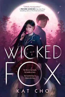 Wicked Fox by Kat Cho book cover with purple tiny for forest background and man and woman standing back to back