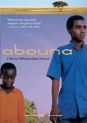 Abouna Movie Poster with person in back with eyes closed and in orange shirt and person in front in blue shirt with face turned
