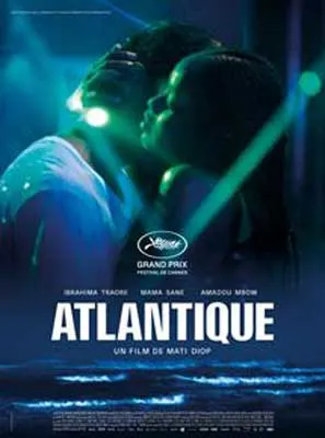 Atlantique Film Poster with two people leaned into each other with blue and green hued lighting