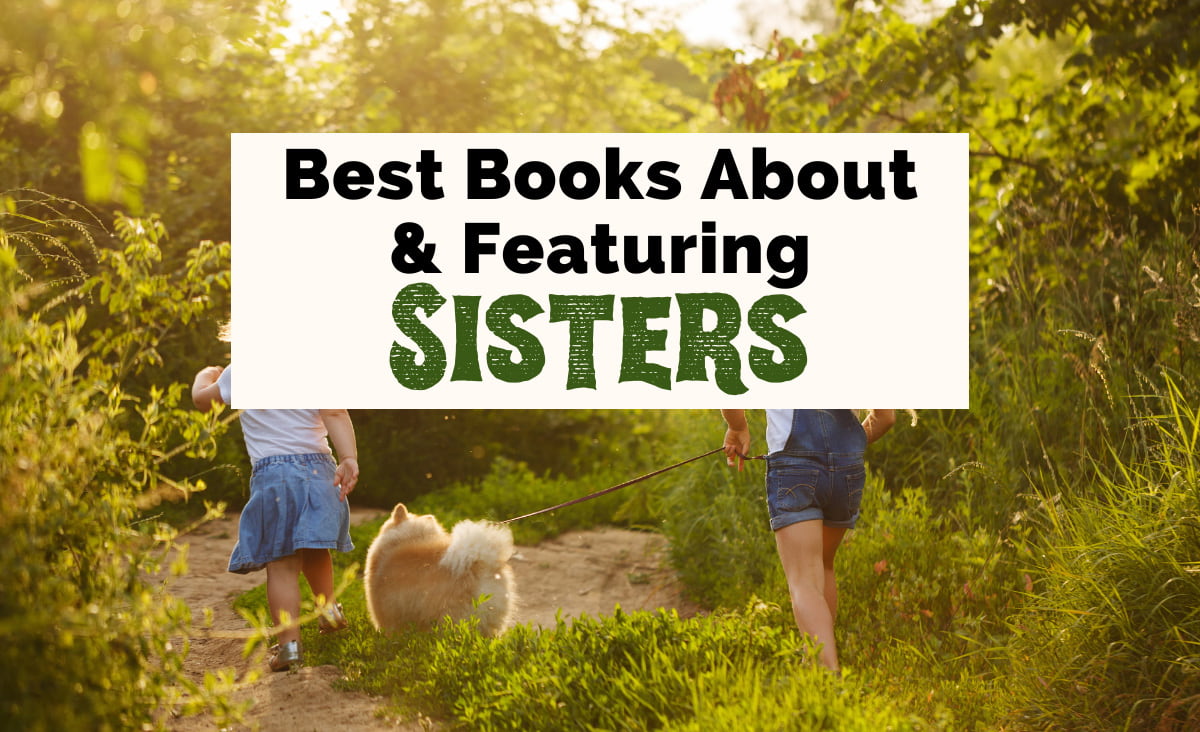 Books About Sisters with image of two white children walking a dog on path surrounded by green trees and grass