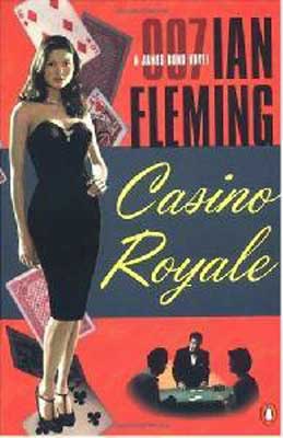 Casino Royale by Ian Fleming book cover with woman in black dress and men at table below playing a card game