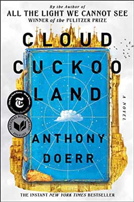 Cloud Cuckoo Land by Anthony Doerr book cover with golden frame with blue sky and cloud in it