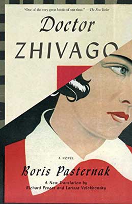 Doctor Zhivago by Boris Pasternak book cover with illustrated image of person's face with white color and red top