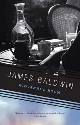 Giovanni’s Room by James Baldwin book cover with image in black and white with table with drinks on it
