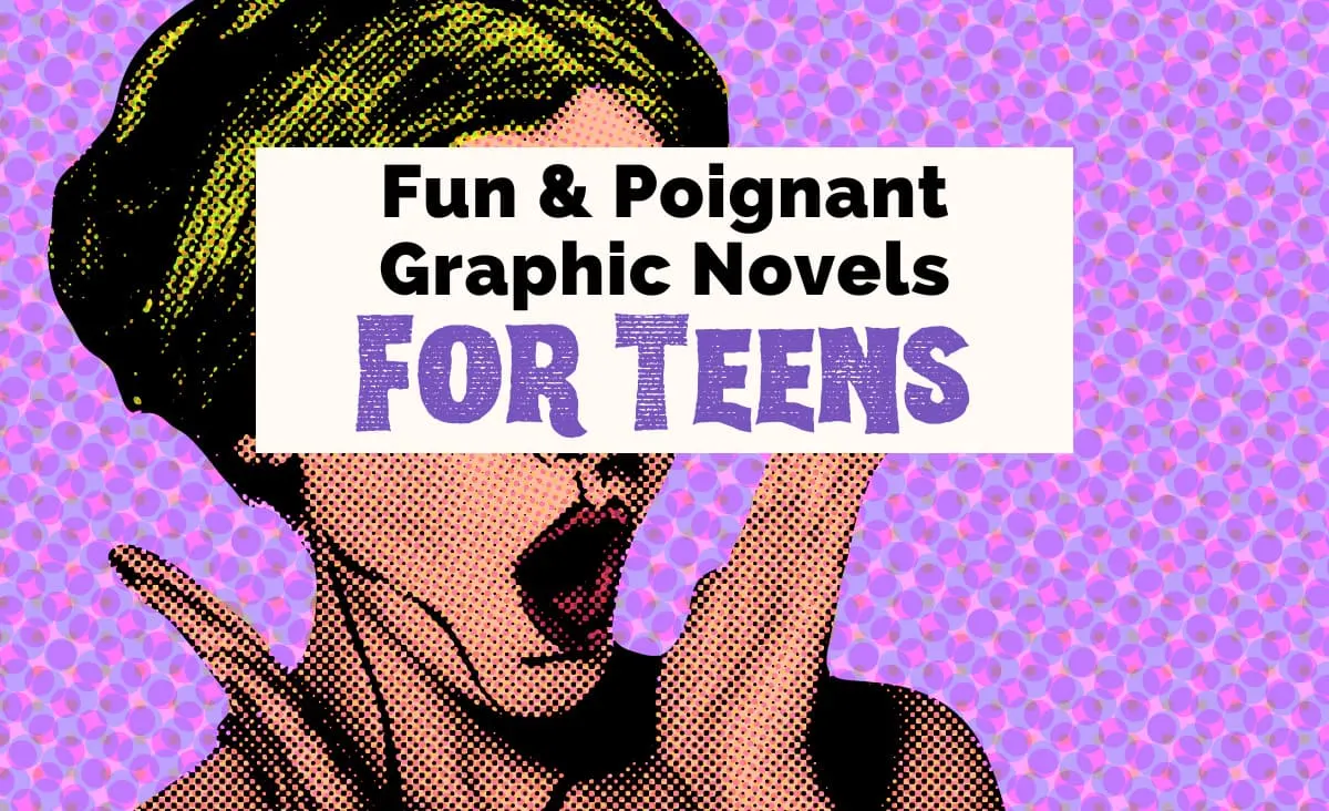 Graphic Novels For Teens with computer generated image of purple pixel background with woman with mouth open and hands around her face and blonde hair