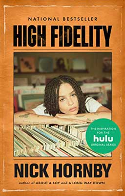 High Fidelity by Nick Hornby with image of young person with fair skin and dark hair resting on hands on file folders