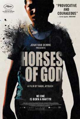 Horses of God Movie Poster with image of young person's torso in shirt with black like fog coming off shoulders