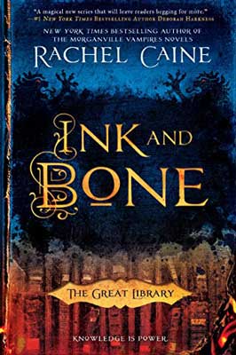 Ink and Bone by Rachel Caine book cover with dark blue sky and forest