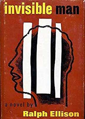Invisible Man by Ralph Ellison book cover with illustrated image of person's head with three white columns through it