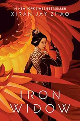 Iron Widow by Xiran Jay Zhao illustrated image of person in red and gold in red orange and yellow fantasy landscape