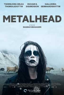 Metalhead Movie Poster with person with face painted white and black with Icelandic landscape in the background