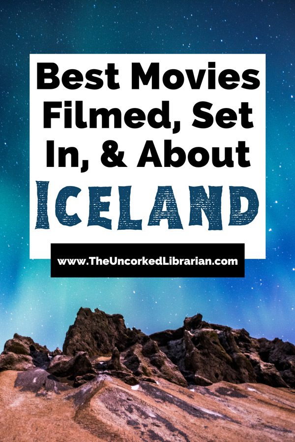 Movies About Iceland and Icelandic Films Pinterest pin with blue, green, and purple Northern lights above brownish hill landscape