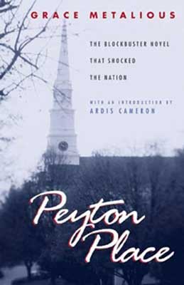 Peyton Place by Grace Metalious book cover with black and white image of congregational church