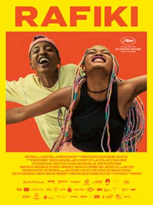 Rafiki Movie Poster with young Black people with arms up and faces to the sky on red background