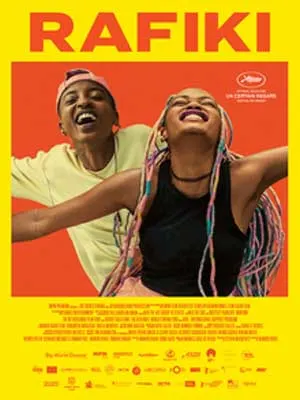Rafiki Movie Poster with young Black people with arms up and faces to the sky on red background