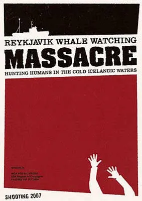 Reykjavik Whale Watching Massacre Movie Poster with ship on top in red and black bottom with hands reaching up