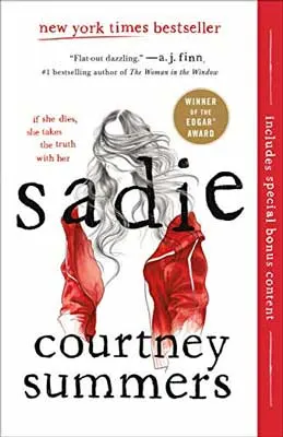 Sadie by Courtney Summers book cover with sketched woman with long hair and red jacket